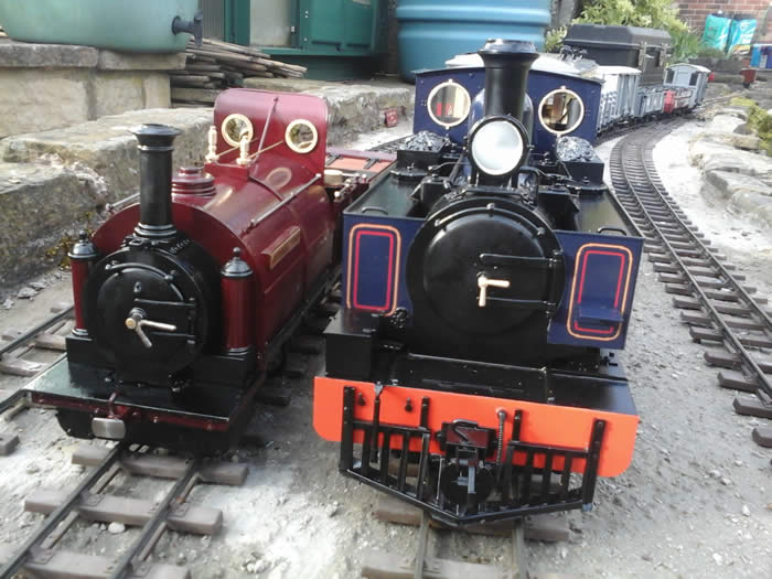 Large England Little Giant and Hunslet W&LLR No 14 share Shed Sidings